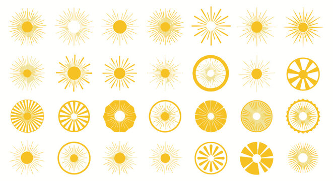 Radiant yellow sun icons and decorative sunburst ray elements