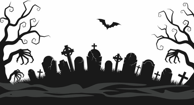 Halloween cemetery landscape with tombstones and zombie hands