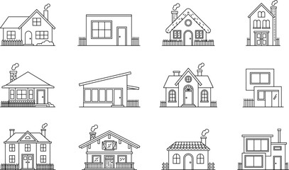 Fototapeta premium House and real estate icons collection vector modern building cottage suburban home architecture line art outline graphic design elements set