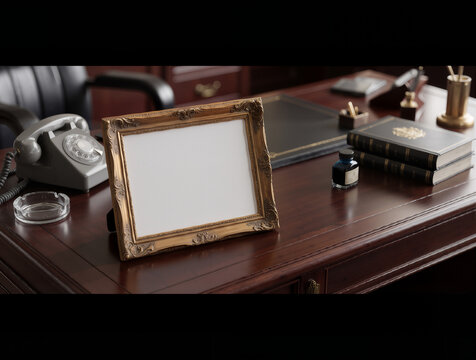 Resting on an elegant mahogany director's desk, a blank certificate within an ornate gold frame awaits personalization. Its pristine parchment provides a versatile canvas for awards. Soft lighting acc