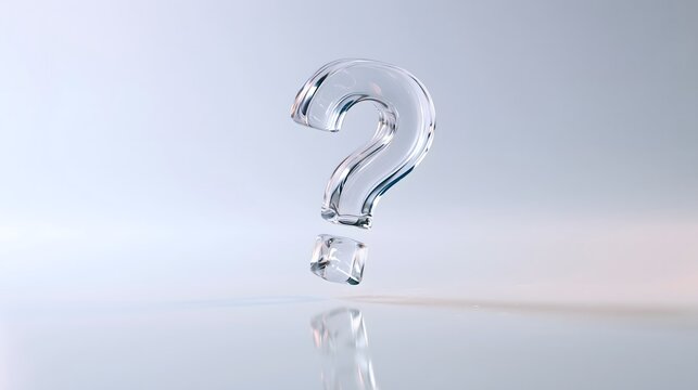 Conceptual background: Clear glass 3D question mark featuring a cube shaped dot with reflection