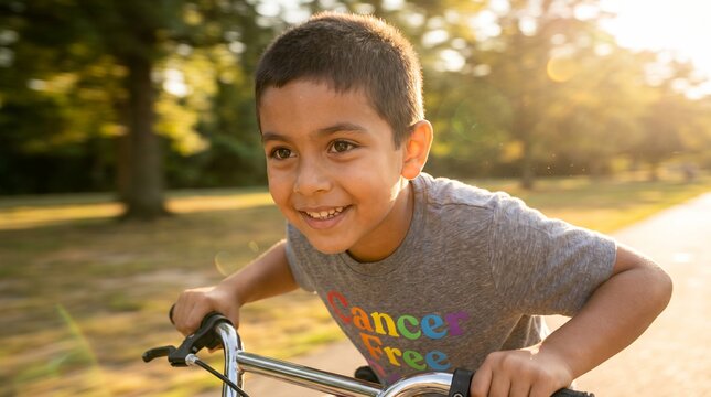 young boy cancer survivor olive skin dark eyes remission smile closeup scene about resilient child face with fuzzy regrowth and warm confidence after completing cancer treatment for pediatric