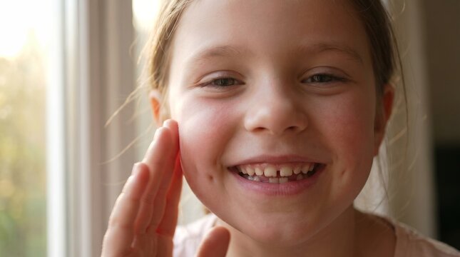 girl cancer survivor missing teeth dimples smile remission joy hope emotional portrait concept about dimpled smile closeup expressing playful childhood happiness and recovery after cancer treatment