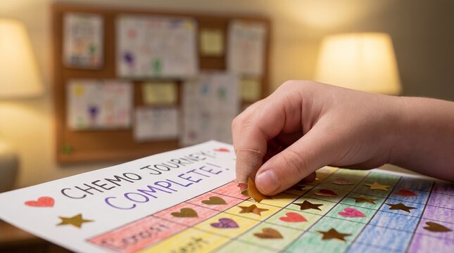 child sticker chemotherapy chart final treatment cancer survivor remission milestone closeup scene about tiny hand placing final sticker on treatment chart to mark completion and brave medical