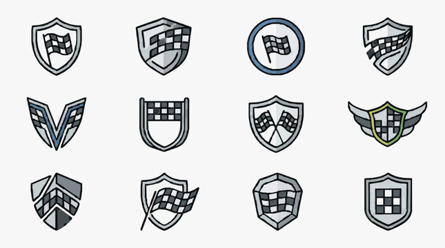 Creative Auto Racing and Motorsport Emblem Collection Featuring Checkered Flag and Grid Designs in Shield Formats