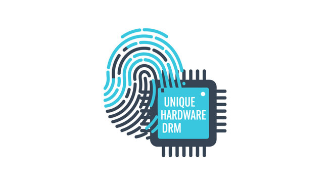 Unique Hardware DRM Concept Illustration with Biometric Fingerprint and Computer Chip for Cybersecurity and Data Protection
