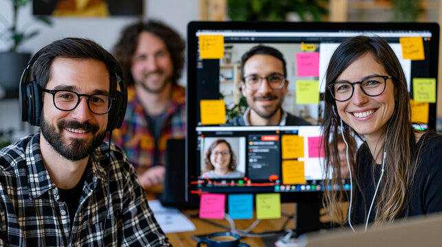 Peer learning group of adult students video-calling across three continents, world clock widget visible on one screen, shared document open, diverse home office backgrounds, collaborative global edu