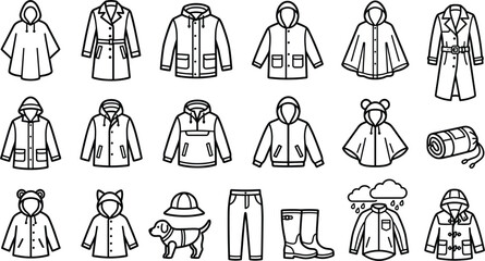 Raincoat and waterproof clothing icons collection vector rain gear jacket poncho trench coat boots umbrella hat line art elements set © Ms