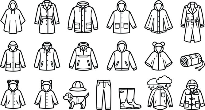 Raincoat and waterproof clothing icons collection vector rain gear jacket poncho trench coat boots umbrella hat line art elements set