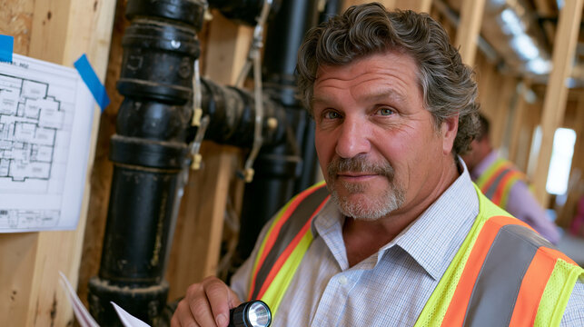 Plumbing inspector reviewing rough-in installation quality of cast iron soil stack connections inside multi-unit residential framing, flashlight illuminating pipe hangers and cleanout access points,