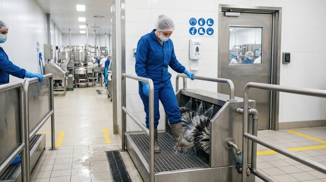Production worker using boot washing station before entering food manufacturing area, showing entry hygiene and contamination prevention.