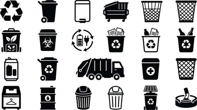 Recycling and trash bin vector icons set featuring garbage truck biohazard waste compost can dumpster solar power basket and ecology sorting symbol collection