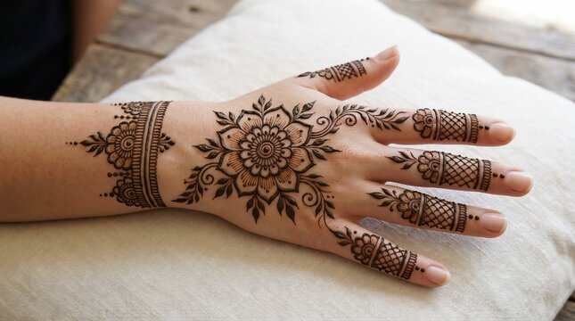 Henna tattoo design on a hand with floral patterns