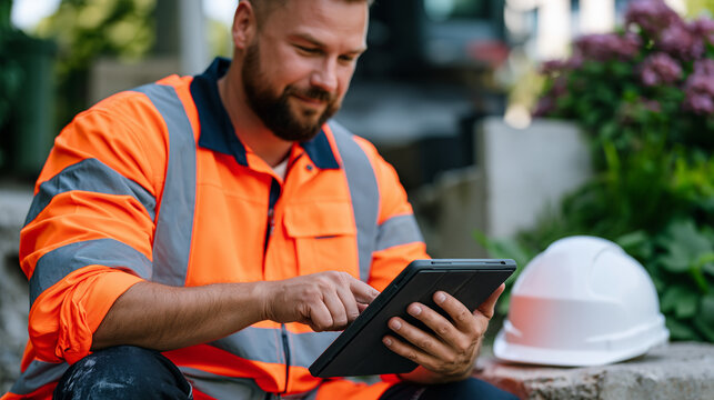 Remote worker completing a two-minute microlearning safety compliance module on a company tablet during a construction site lunch break, hard hat resting beside the device, professional development 