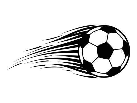 Flying soccer ball vector illustration with speed motion trails, dynamic football goal shot silhouette graphic element