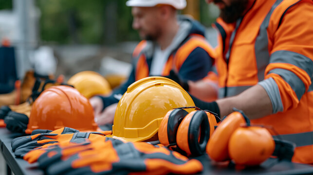 Safety officer reviewing PPE compliance standards with multicultural construction team during toolbox talk session in open-air site compound, hard hats ear protection gloves and safety boots laid ou