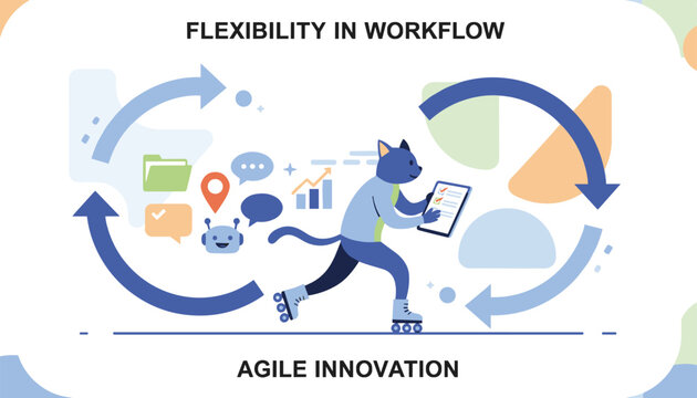 Concept of agile innovation and workflow flexibility represented by a cartoon cat skating with a digital tablet.