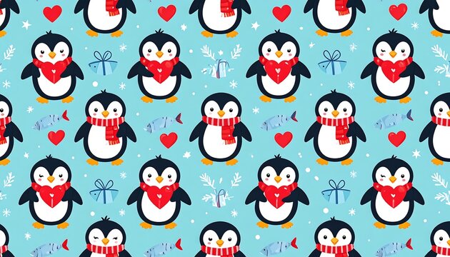 Whimsical pattern featuring cheerful penguins wearing scarves and hearts, alongside gifts and snowflakes, on a light blue backdrop