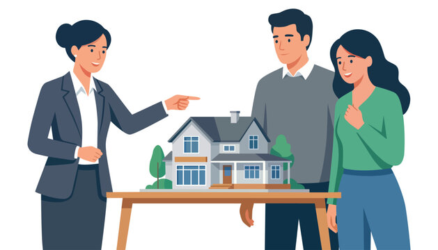 Real estate agent showing house model to young couple for buying property vector illustration