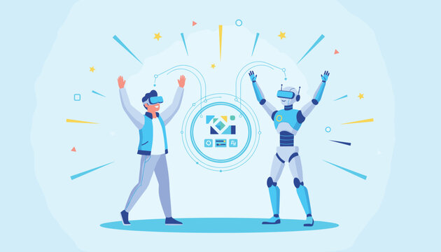 Man and a futuristic white robot wearing virtual reality glasses dancing and celebrating success in high tech metaverse environment.