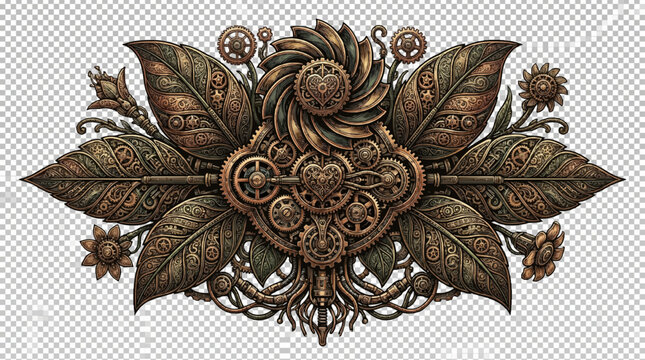 Industrial steampunk symmetry illustration featuring mechanical bronze leaves, brass gears, copper pipes, and filigree clockwork mechanisms in heart shapes.