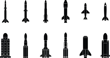 Rocket and space shuttle silhouettes collection vector aerospace missile spacecraft transport cosmic exploration technology graphic design elements set © Ms