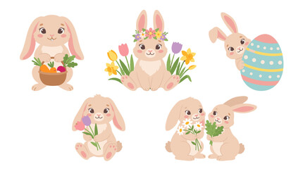 Fototapeta premium Cute bunny collection with flowers eggs and vegetable basket