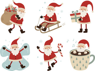 Obraz premium Cute Christmas vector collection with Santa carrying gifts, riding a sleigh, making a snow angel, holding candy cane, and sitting in cocoa mug i