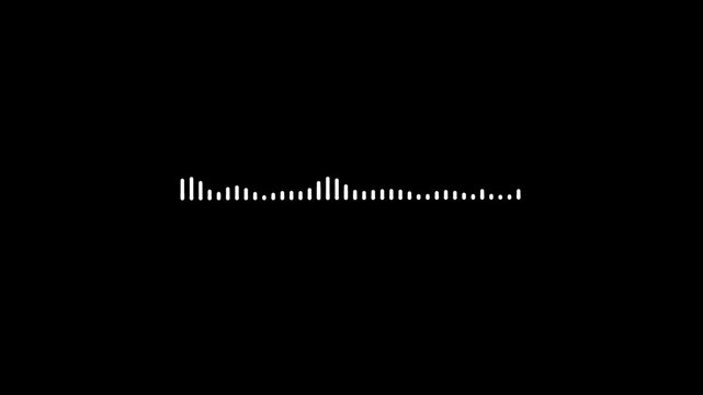 Dynamic audio waveform spectrum animation on black background, music equalizer frequency visualization, white soundwave motion, digital recording interface, seamless 4K