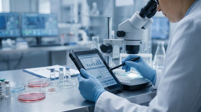 scientist tablet data laboratory research recording analysis digital science experiment detailed hygiene concept about researcher using digital tablet to record laboratory observations and scientific