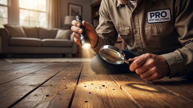 pestinspector woodenfloor magnifier inspection termites home pestcontrol professional damage service closeup scene about wood floor examined with magnifying glass for pest damage and property