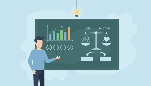 Business lecturer explaining the logic vs emotion balance on a mechanical scale with charts on a green blackboard.