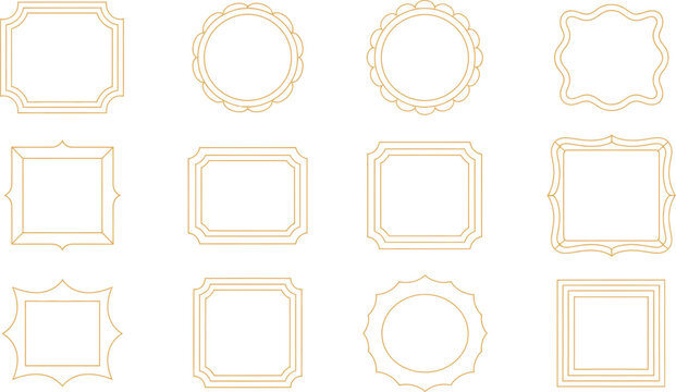 Elegant gold line frame collection featuring vintage decorative borders geometric certificates labels luxury wedding invitations and classic linear design elements.