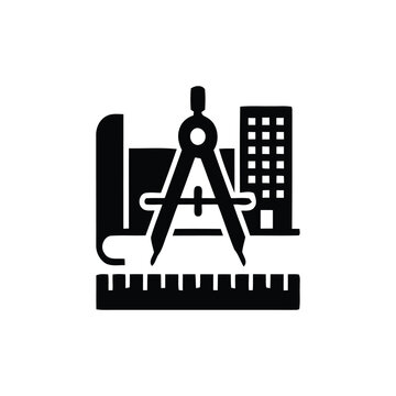 Black and white icon of a compass with a ruler and building in the background for architecture or construction