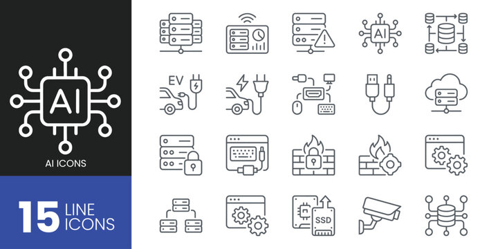 Set of 15 line icons related to artificial intelligence, server infrastructure, electric vehicles, and computer hardware technology