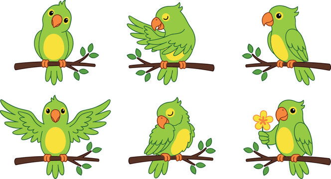 Cute green parrot vector illustration set sitting on tree branch preening wings flying holding flower isolated on white background flat design