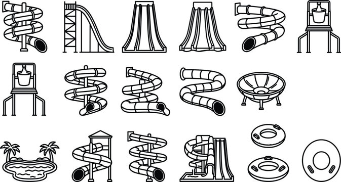 Water park slide icons collection vector aqua park pipe slides swimming pool splash bucket and inflatable rings line art elements set