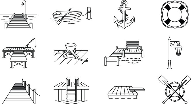Wooden boat dock and pier vector line icon set featuring wooden jetty anchor rowing boat oars lifebuoy cleat hitch and lakeside recreation elements