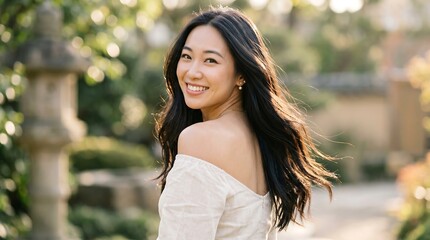 Obraz premium Stunning Young East Asian Woman with Flowing Hair Looking Over Shoulder