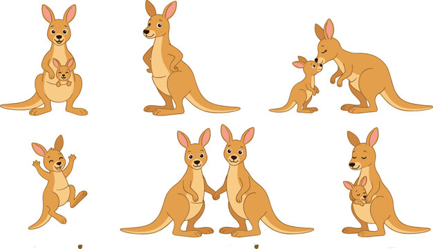 Adorable wild kangaroo vector set showing mother with baby in pouch jumping happy joey and couple holding hands character design