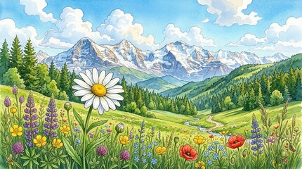 Fototapeta premium Scenic mountain landscape with colorful wildflowers in a serene natural setting