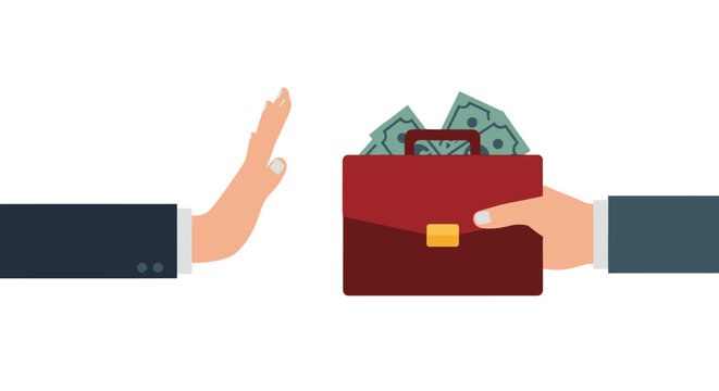 Anti-Corruption and Bribery Refusal Concept: Businessman Hand Rejecting a Briefcase Full of Money for Ethical Integrity