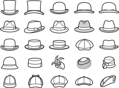 A collection of diverse hat styles, depicted in a clean, illustrative line art format, showcasing a variety of headwear for different occasions and eras.