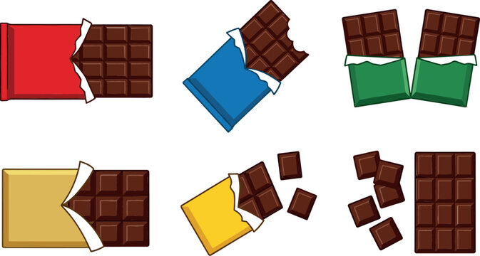 Chocolate bar vector illustration set with unwrapped candy bars bitten pieces broken block in foil wrappers isolated on white background flat design