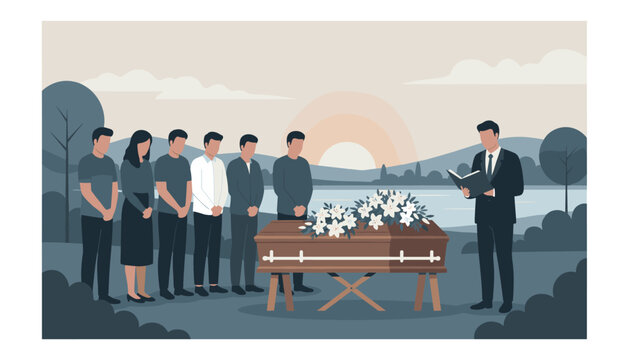 Grieving family and friends gathered at outdoor funeral service near wooden coffin decorated with white lily flowers.