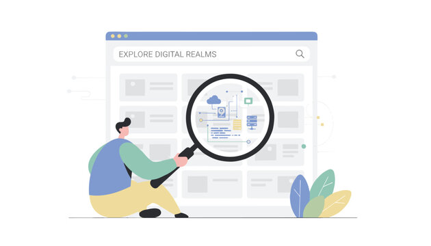 User holding magnifying glass to explore digital realms on screen analyzing cloud data, server infrastructure, and network folders.