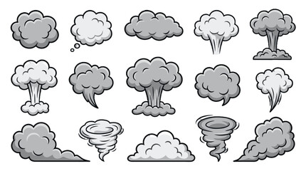 Obraz premium Cartoon smoke cloud and whirlwind icon set in gray tones