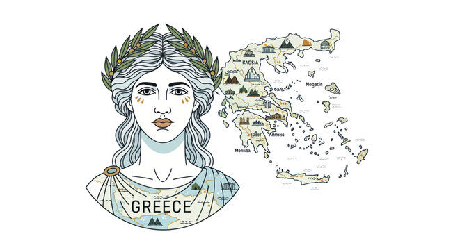 Female personification of greece with geographic map and landmarks