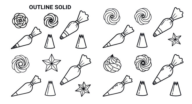 Cake decorating tools including pastry bags and frosting swirls