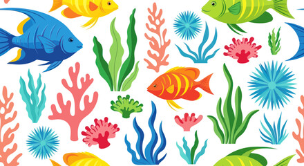 Seamless pattern with colorful tropical fish and coral reef plants © alina